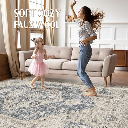 7x9 Area Rug Living Room: Washable Boho Large Neutral Vintage Soft Rug Stain Resistant Distressed Farmhouse Non-Slip Indoor Floor Carpet for Bedroom Nursery Kids Office Dining Room- Brown Blue