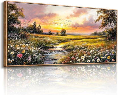 crmotu Extra Large Framed Wall Art for Living Room, Sunset Landscape Wall Art, Nature Wildflower Daisy Artwork, Country River Scenery Painting for Farmhouse Bedroom Dining Room Decor, 32"x71"
