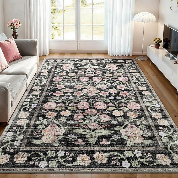 Maxsoft Large Area Rugs for Living Room Bedroom, 5x7 Washable Floral Area Rugs, Non-Slip and Stain Resistant Soft Throw Indoor Carpet for Dining Room Office Kitchen Dorm Home Decor, Black