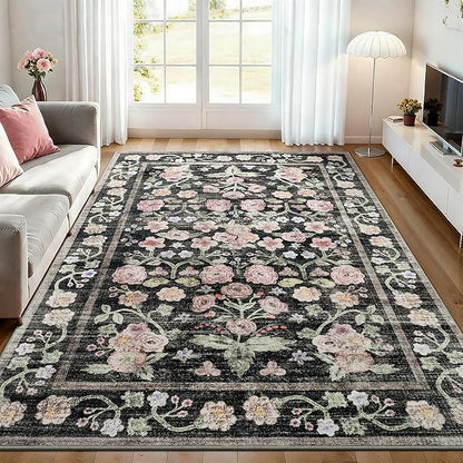 Maxsoft Large Area Rugs for Living Room Bedroom, 5x7 Washable Floral Area Rugs, Non-Slip and Stain Resistant Soft Throw Indoor Carpet for Dining Room Office Kitchen Dorm Home Decor, Black