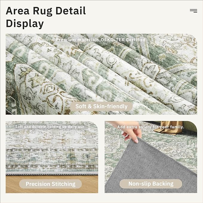 Soalmost 9x12 Area Rugs for Living Room, Non Slip Machine Washable Vintage Rugs, Low Pile Lightweight Large Rug for Bedroom, Dining Room, Home Office Green/Brown