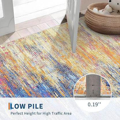 ROYHOME Washable Runner Rug 2x6 Modern Abstract Kitchen Rugs, Non Slip Bathroom Rug, Low Pile Laundry Room Soft Long Carpet for Hallway Bedroom Entryway, Blue/Orange