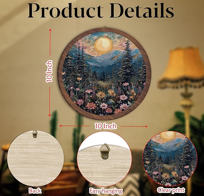 Full Moon Forest Hanging Wall Decor, Moonlit Pine Tree forest Round Wooden Wall Art, Mountains Wildflowers Woodland Nature Landscape Artwork for Home Living Room Bedroom Bathroom Kitchen Office, 08