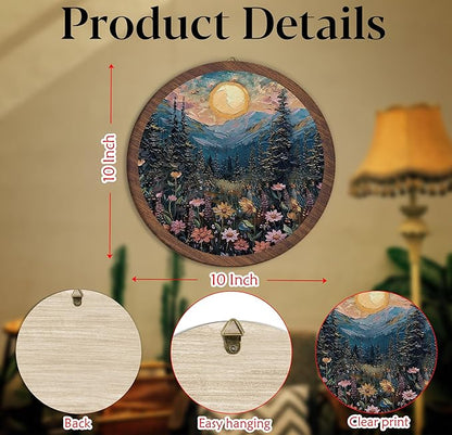 Full Moon Forest Hanging Wall Decor, Moonlit Pine Tree forest Round Wooden Wall Art, Mountains Wildflowers Woodland Nature Landscape Artwork for Home Living Room Bedroom Bathroom Kitchen Office, 08
