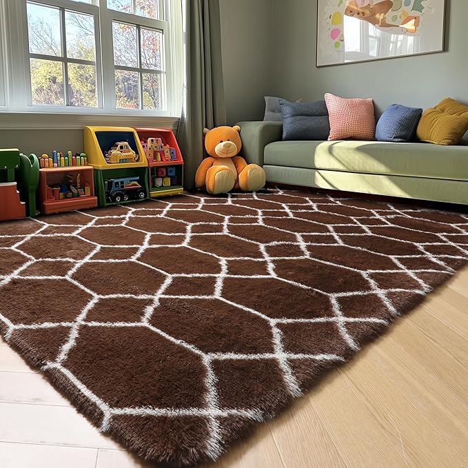 ONASAR 6x9 Area Rugs for Living Room Bedroom, Large Fluffy Brown and White Throw Rug, Geometric Soft Plush Shaggy Fuzzy Floor Carpet for Nursery Kids Girls Boys Teen Dorm Home Office Decor