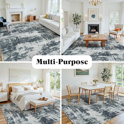 Area Rug 6x9 Living Room Rug Washable: No-Slip Abstract Soft Thin Large Black Rugs, Indoor Floor Stain Resistant Modern Carpet for Bedroom Dining Room Farmhouse Nursery Home Office (Black, 6'x9')