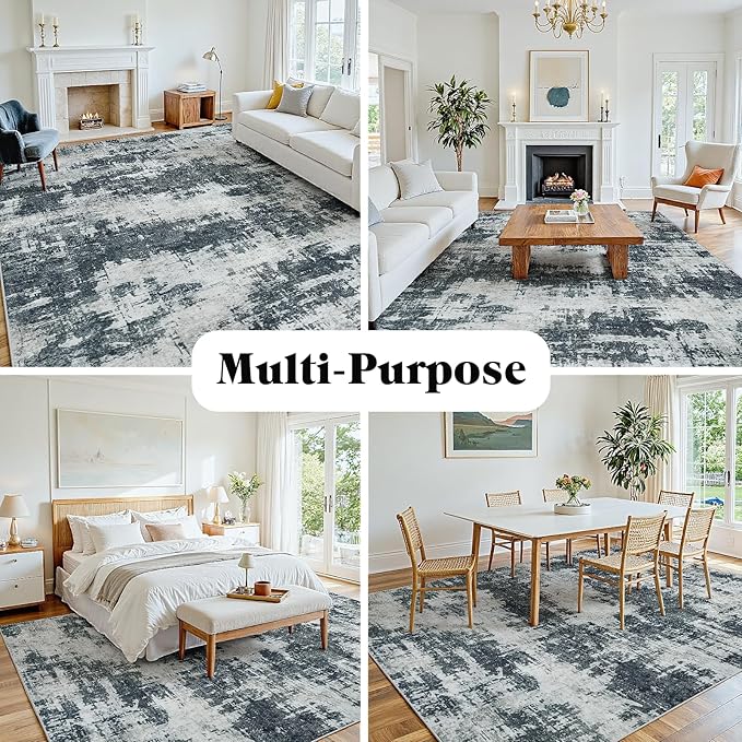Area Rug 9x12 Living Room Rug Washable: No-Slip Abstract Soft Thin Large Black Rugs, Indoor Floor Stain Resistant Modern Carpet for Bedroom Dining Room Farmhouse Nursery Home Office (Black, 9'x12')