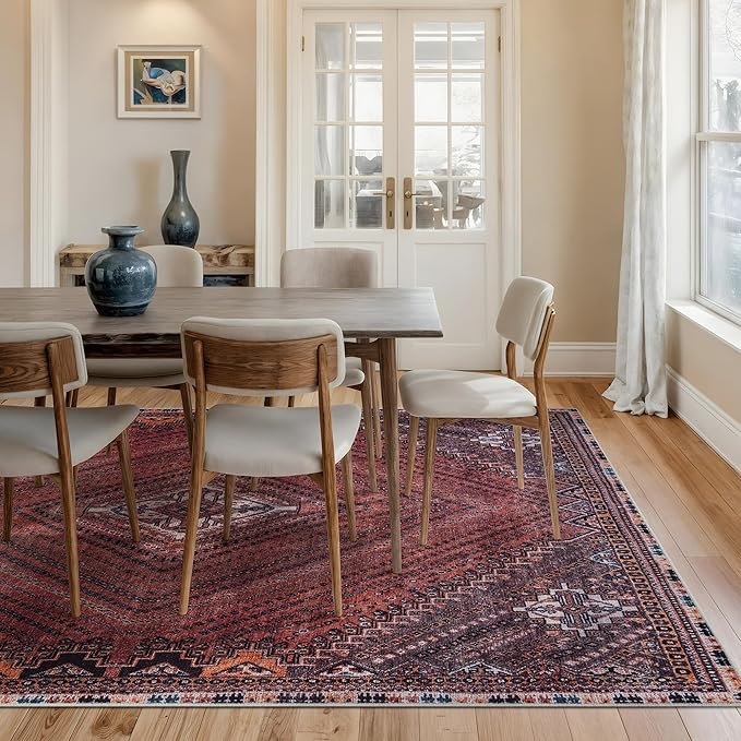 Bloom Rugs Washable Non-Slip 9' x 12' Rug - Red/Multicolor Traditional Bordered Area Rug for Living Room, Bedroom, Dining Room, and Kitchen - Exact Size: 9' x 12'