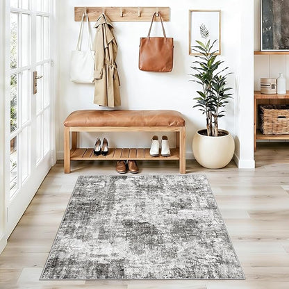 3x3 Square Entryway Rug Washable – Non-Slip Small Area Rug for Kitchen or Bathroom, Soft Low-Pile Indoor Mat, Modern Abstract Thin Door Carpet (Grey)