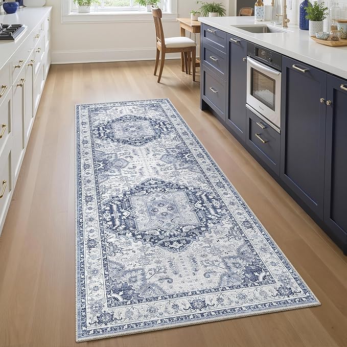 2x5 Washble Hallway Runner Rug - Vintage Non Slip Rugs for Entryway Ultra Soft Stain Resistant Distressed Indoor Low Pile Mat Waterproof Carpet for Living Room Bedroom Laundry Navy/Blue