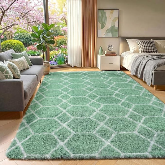 ONASAR Area Rugs for Bedroom Living Room, 4x6 Fluffy Sage Green and White Throw Rug, Soft Plush Fuzzy Shaggy Geometric Floor Carpet for Nursery Kids Girls Boys Teen Dorm Home Decor Aesthetic