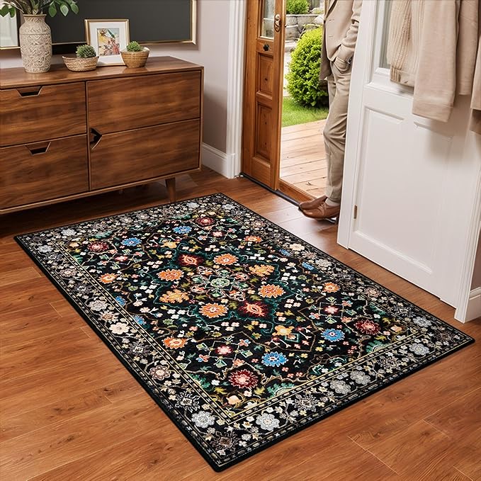 Entrance Rugs Indoor 2x3 Entry Rug Doormat, Washable Vintage Small Area Rug Non-Slip Low Pile Throw Rugs for Entryway, Kitchen Floor, Front Indoor Door Mat, Bathroom, Bedroom Bedside, Black