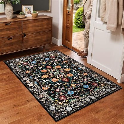 Entrance Rugs Indoor 2x3 Entry Rug Doormat, Washable Vintage Small Area Rug Non-Slip Low Pile Throw Rugs for Entryway, Kitchen Floor, Front Indoor Door Mat, Bathroom, Bedroom Bedside, Black