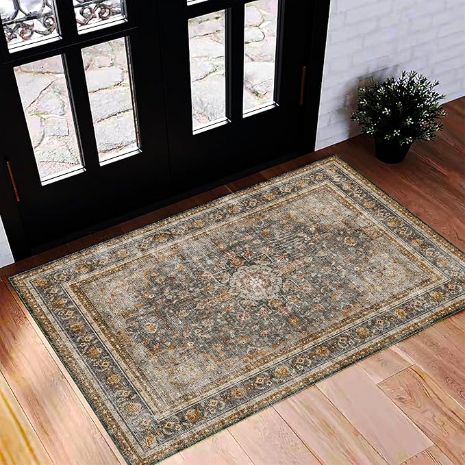 CHAMPLANT Washable Area Rug 2'x3' Door Mat Vintage Distressed Doormat Indoor Entrance Traditional Thin Rug Floral Print Non Slip Carpet for Kitchen Bathroom Bedroom Living Room