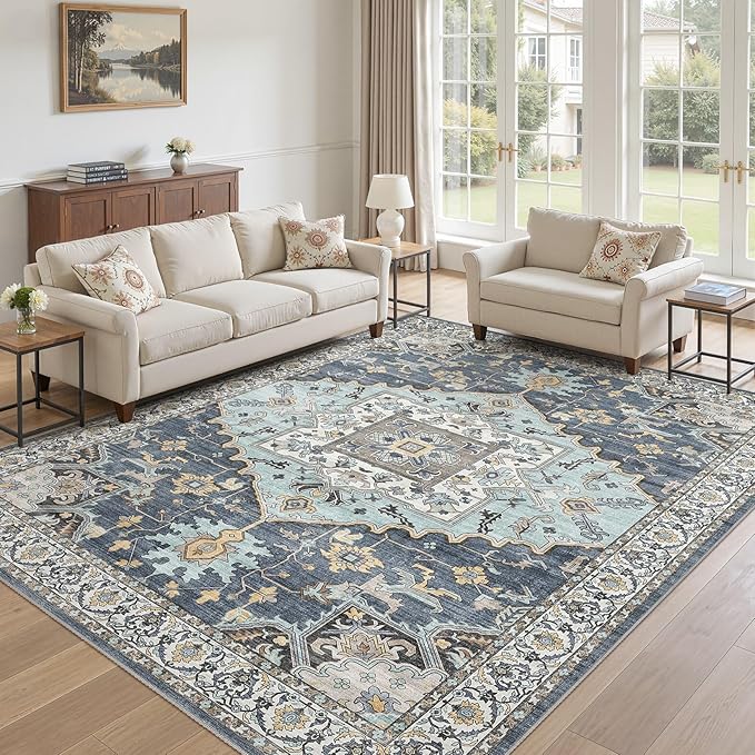 8x11 Washable Area Rugs for Living Room: Non Slip Vintage Blue Yellow Rug, Large Soft Stain Resistant Indoor Floor Carpets for Bedroom Dining Room Nursery Home Office Kid & Pet Friendly