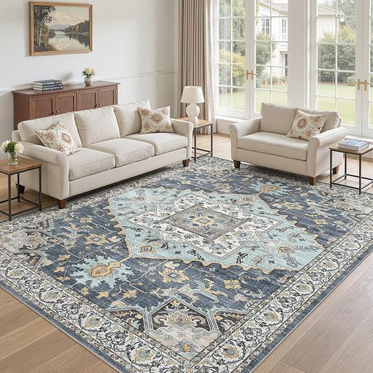 8x11 Washable Area Rugs for Living Room: Non Slip Vintage Blue Yellow Rug, Large Soft Stain Resistant Indoor Floor Carpets for Bedroom Dining Room Nursery Home Office Kid & Pet Friendly