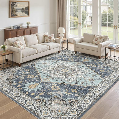 7x9 Washable Area Rugs for Living Room: Non Slip Vintage Blue Yellow Rug, Large Soft Stain Resistant Indoor Floor Carpets for Bedroom Dining Room Nursery Home Office Kid & Pet Friendly
