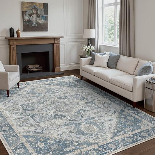 5x7 Area Rug Machine Washable Boho Rug for Living Room,Ultra-Thin Low Pile Carpet,Lightweight Indoor Printed Rug,Non Slip Floral Area Rug for Bedroom, Dining Room, Home Office,Light Blue