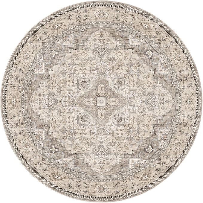 EIEIHOUSE 8ft Round Rugs for Living Room - Washable Neutral Vintage Distressed Farmhouse Large Soft Floor Area Rug Indoor Carpet for Bedroom Dining Room Office - Brown/Multi