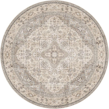 EIEIHOUSE 8ft Round Rugs for Living Room - Washable Neutral Vintage Distressed Farmhouse Large Soft Floor Area Rug Indoor Carpet for Bedroom Dining Room Office - Brown/Multi