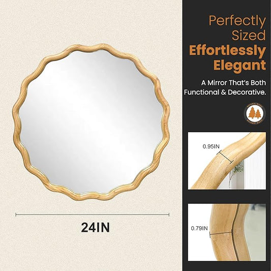 TRAHOME Round Wood Mirrors for Wall, 24" Boho Cirecle Wavy Mirror with Wooden Frame, Decorative Mirror with Tempered Glass, Natural Wooden Frame Vanity Mirror for Bedroom, Living Room, Entryway
