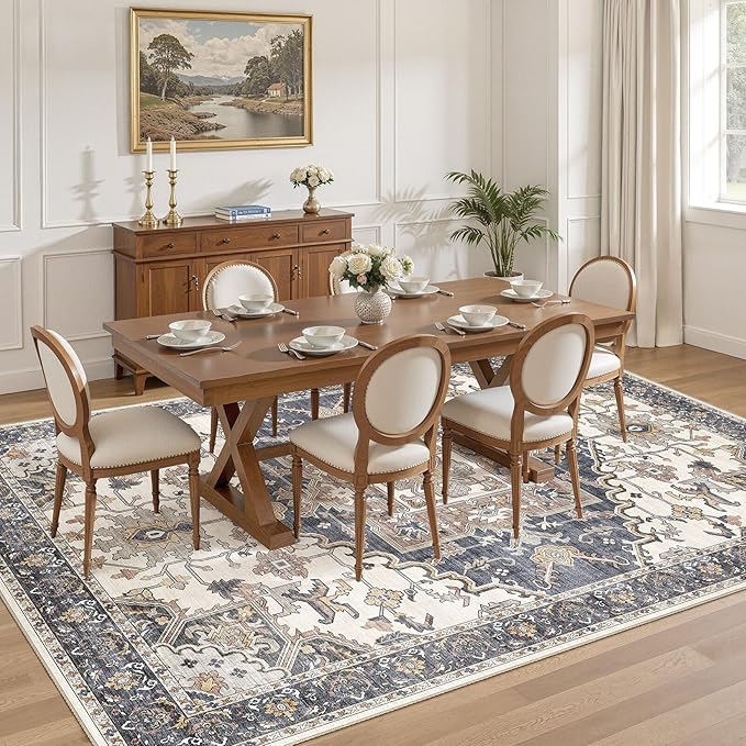 10x12 Washable Area Rugs for Living Room: Non Slip Vintage Beige Blue Rug, Large Soft Stain Resistant Indoor Floor Carpets for Bedroom Dining Room Nursery Home Office Kid & Pet Friendly