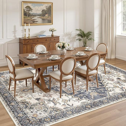 10x12 Washable Area Rugs for Living Room: Non Slip Vintage Beige Blue Rug, Large Soft Stain Resistant Indoor Floor Carpets for Bedroom Dining Room Nursery Home Office Kid & Pet Friendly