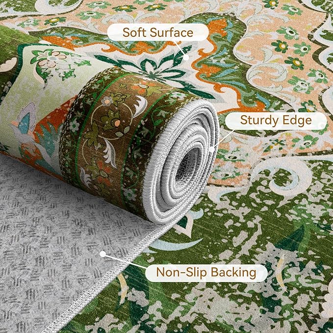 RUSHUFFY 5x7 Washable Area Rugs for Bedroom, Vintage Boho Distressed Print Pattern Rugs for Living Room, Soft Non-Slip Carpet for Indoor Dining Room Nursery Farmhouse Girls Room, Dark Green