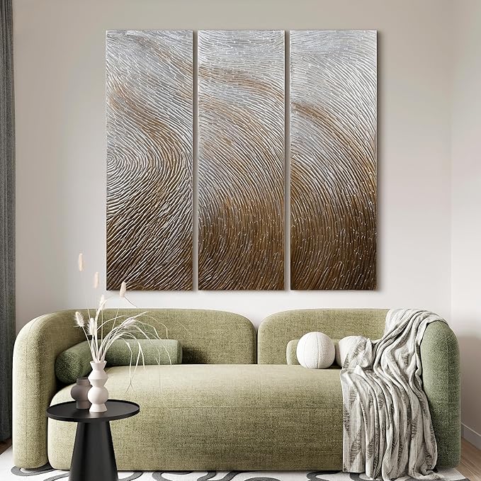 Empire Art Direct Abstract Wall Art Textured Hand Painted Canvas by Martin Edwards, Triptych, 60" x 20" each, Gold Waves