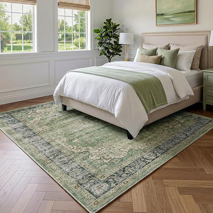 FMFUNCTEX 5x7 Green Washable Area Rug Vintage Distressed Oriental Non Slip Low Pile Neutral Indoor Carpet for Living Room Bedroom Soft Retro Floral Thin Large Rug for Dining Nursery Office Dorm