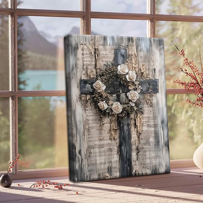 Vintage Cross Christian Wall Art, White Rose Wreath Canvas Paintings Prints Posters Wall Decor, Retro Religious Music Score Church Decor Suitable for Study Prayer Room 24x36 in Framed