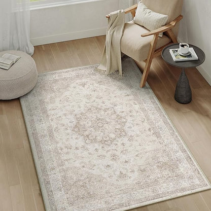 PureCozy Beige Area Rug 3x5 Washable Vintage Carpet for Entryway Office Soft Retro Kitchen Low Pile Thin Door Mat Non Slip Oriental Medallion Throw Rug for Bathroom Bedroom Dining Living Room