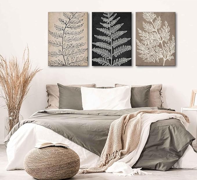 3Pcs Framed Botanical Canvas Wall Art Black Tan Fern Leaf Pictures Minimalist Paintings Nature Fern Plant Silhouette Posters Prints for Living Room Bedroom Office Farmhouse Wall Decor