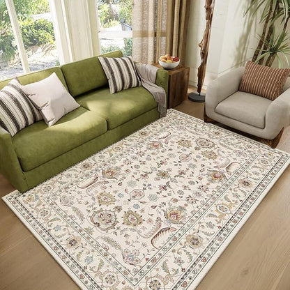 Washable 4x6 Rugs for Living Room, Boho Non-Slip Vintage Distress Small Rugs for Bedroom Nursery Office, 0.3" Neutral Oriental Throw Thin Carpet with Cushioning Pad, Beige/Rust/Multi, B1