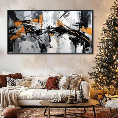 Framed Large Abstract Canvas Wall Art Modern Wall Art for Living Room - Canvas Wall Decor for Office and Home - Framed Artwork for Walls Black, White, Gray and Unique Orange Accents 29×58in
