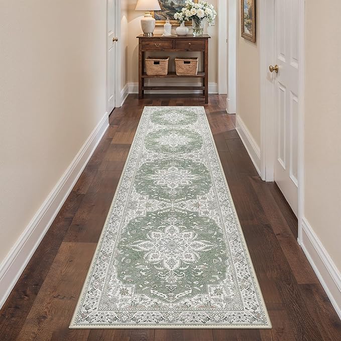 GENIMO 2X6 Washable Vintage Runner Rug for Hallway, Non-Slip Low Pile Chenille Print Rug, Soft Rugs for Indoor Entryway Kitchen Corridor, Sage & Linen