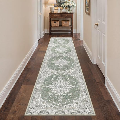 GENIMO 2X6 Washable Vintage Runner Rug for Hallway, Non-Slip Low Pile Chenille Print Rug, Soft Rugs for Indoor Entryway Kitchen Corridor, Sage & Linen