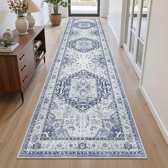 Washable Runner Rug 2.6x10- Non Slip Vintage Hallway Runner Rugs for Kitchen, Stain Resistant Long Carpet for Living Room Entryway Bedroom Laundry Navy/Blue