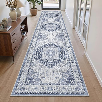 Washable Runner Rug 2.6x10- Non Slip Vintage Hallway Runner Rugs for Kitchen, Stain Resistant Long Carpet for Living Room Entryway Bedroom Laundry Navy/Blue