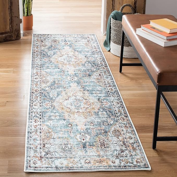Bloom Rugs Washable Non-Slip 10 ft Runner - Teal/Peach Traditional Runner for Entryway, Hallway, Bathroom, and Kitchen - Exact Size: 2.5' x 10'