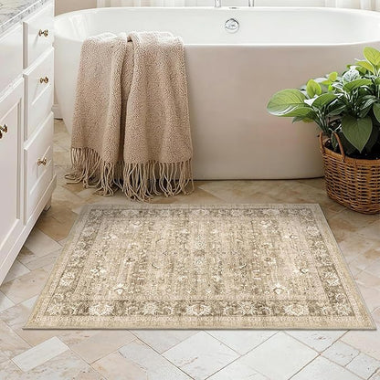 2x3 Beige Entryway Rug Non Slip Washable Area Rug Soft Khaki Vintage Boho Throw Rug Retro Distressed Floral Carpet Indoor Farmhouse Low Pile Small Door Mat for Kitchen Bathroom Bedroom Laundry Office