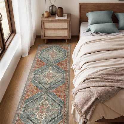 Bavni Runner Rug 2x10 Kitchen Rugs for Hallways Entryway, Washable Vintage Print Carpet, Ultra-Thin Chenille Low Pile Lightweight Rug with Non Slip Backing, Light Red/Blue