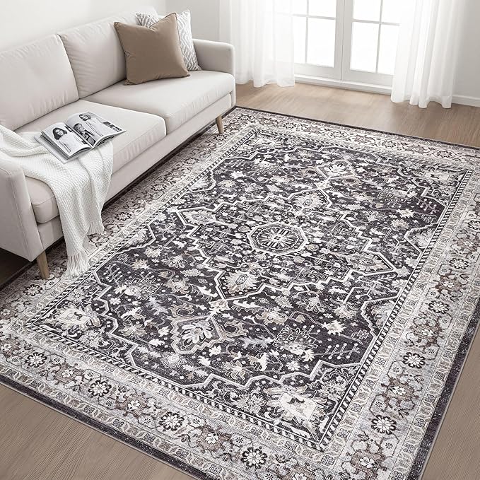 6x9 Area Rugs Living Room: Washable Boho Large Vintage Moody Soft Rug Distressed Oriental Stain Resistant Non-Slip Indoor Floor Carpet for Bedroom Playroom Office Dining Room Retro Home House- Black