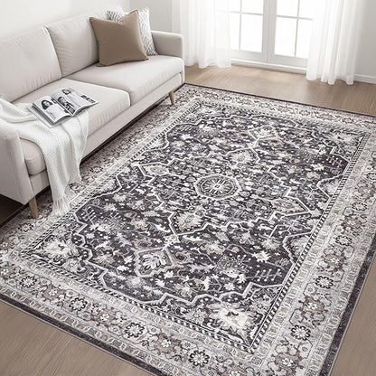 6x9 Area Rugs Living Room: Washable Boho Large Vintage Moody Soft Rug Distressed Oriental Stain Resistant Non-Slip Indoor Floor Carpet for Bedroom Playroom Office Dining Room Retro Home House- Black