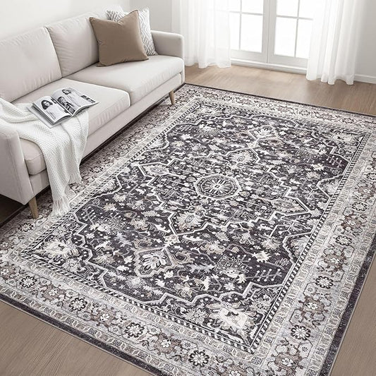 6x9 Area Rugs Living Room: Washable Boho Large Vintage Moody Soft Rug Distressed Oriental Stain Resistant Non-Slip Indoor Floor Carpet for Bedroom Playroom Office Dining Room Retro Home House- Black