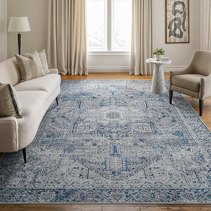 Bloom Rugs Washable Non-Slip 8' x 10' Rug - Blue/Gray Traditional Area Rug for Living Room, Bedroom, Dining Room, and Kitchen - Exact Size: 8' x 10'