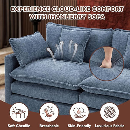 Ihanherry 146" U-Shaped Modern Sofa Modular Sectional Cloud Couch with 2 Ottoman, 6-Seat Chenille Deep Seat Sofa with 6 Pillows for Living Room, Bedroom and Apartment, Blue