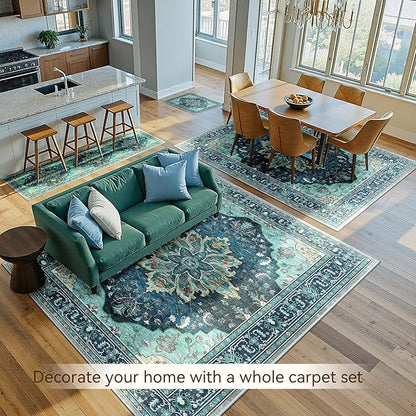 RELEANY Area Rugs 8'x10' Washable Non-Slip, Floral Vintage Distress Print Pattern Medallion Carpet for Living Room Bedroom Dining Room, Teal Green Lake Blue Turquoise