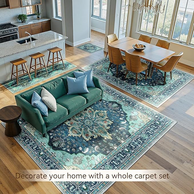 RELEANY Area Rugs 5'x7' Washable Non-Slip, Floral Vintage Distress Print Pattern Medallion Carpet for Living Room Bedroom Dining Room, Teal Green Lake Blue Turquoise
