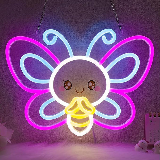 OkiyiD Butterfly Neon Sign – Cute Aesthetic Wall Decor for Girls Room Bedroom Vanity, USB Powered LED Light with Hanging Kit, Dimmable Night Light, Unique Gift for Her